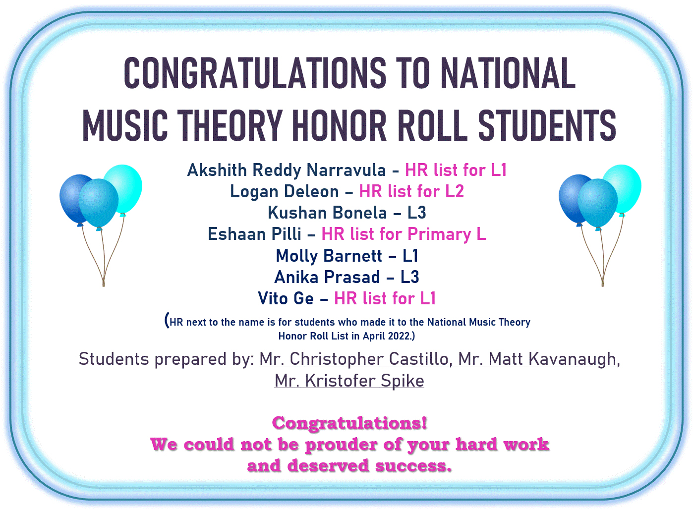 Congratulations Honor Roll
